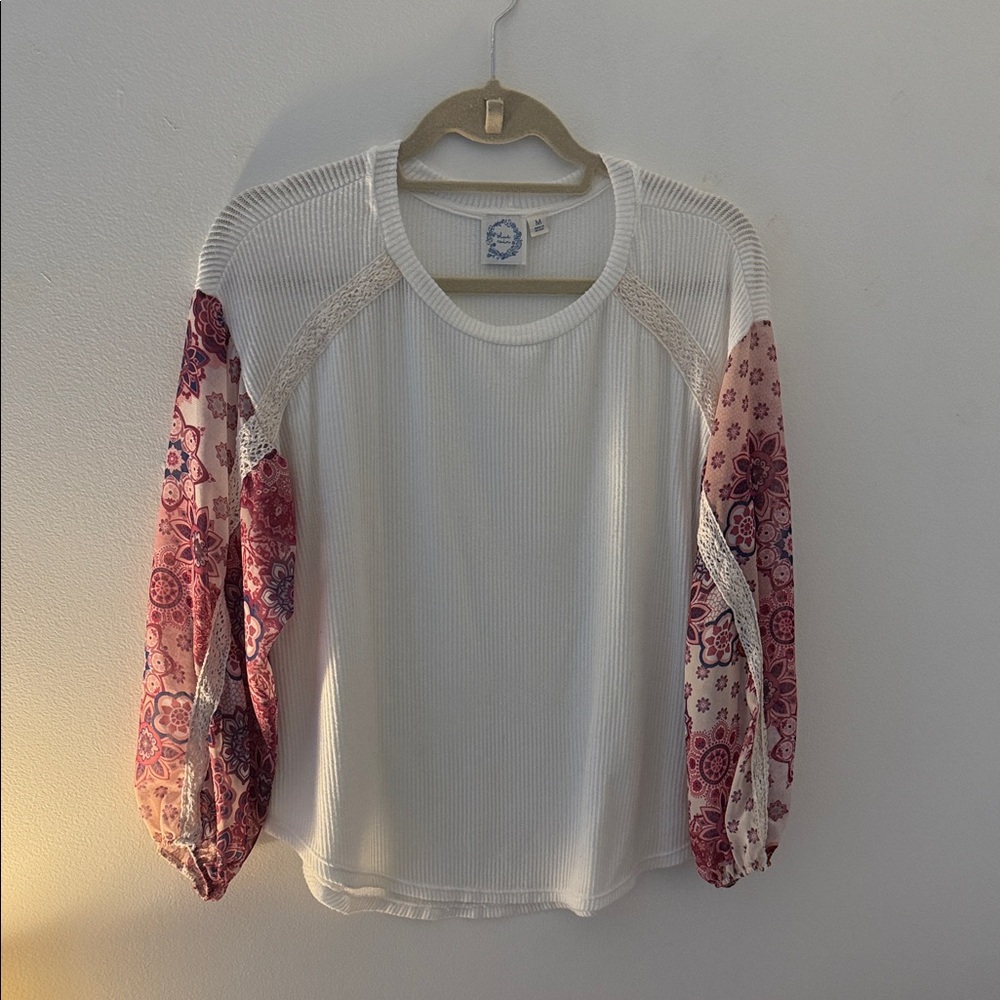 Blue Rain White Blouse with Pink Patterned Sleeves